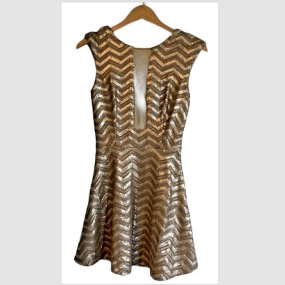 BEBE Frosty Zig-Zag Sequin Sleeveless Flare Party Dress Sz S Gold #167D - Picture 6 of 14
